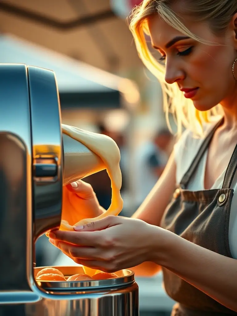 A close-up shot of Angie carefully pouring donut batter into the mini donut machine at an event, showcasing the live cooking process.
