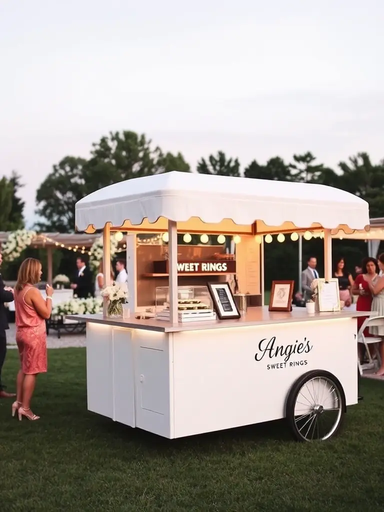 A wide shot of the Angie's Sweet Rings cart at a wedding, highlighting its clean, modern design and suitability for upscale events.