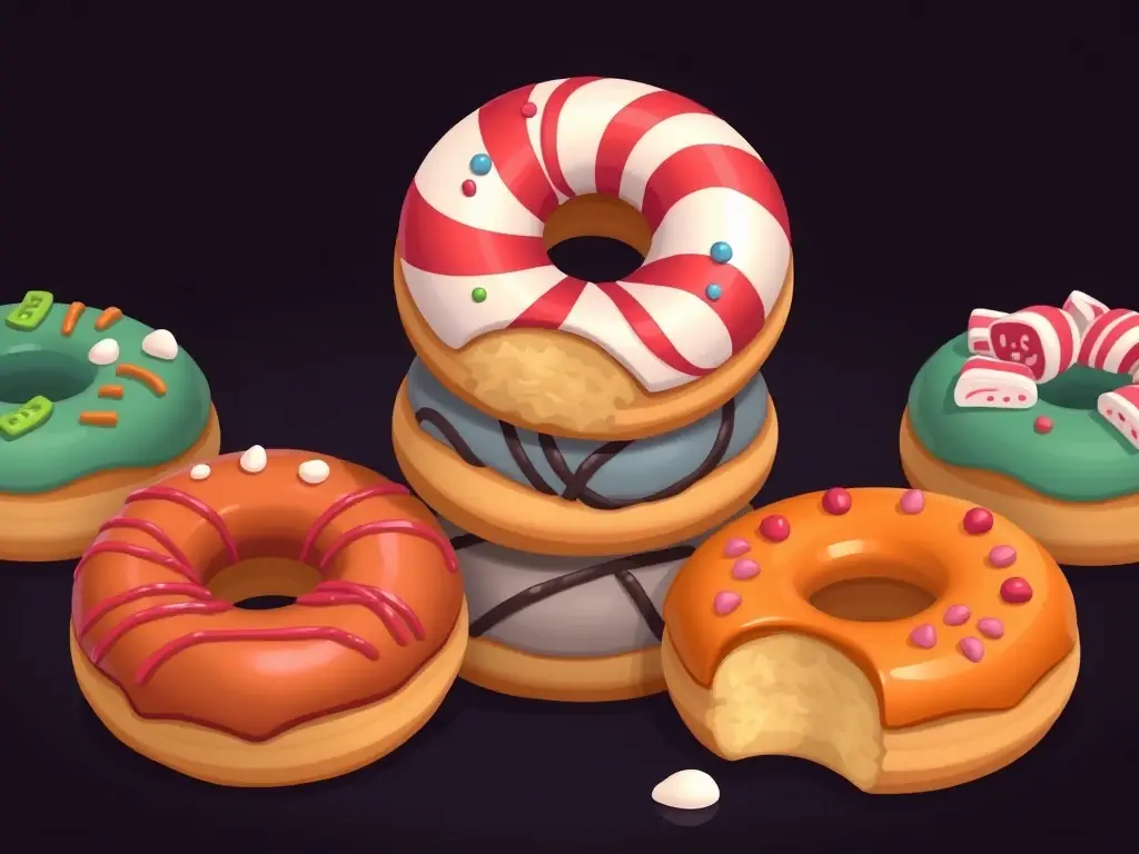 A visually appealing image of Angie's Sweet Rings' seasonal flavor mini donuts, such as pumpkin spice in the fall or peppermint in the winter, arranged artfully.