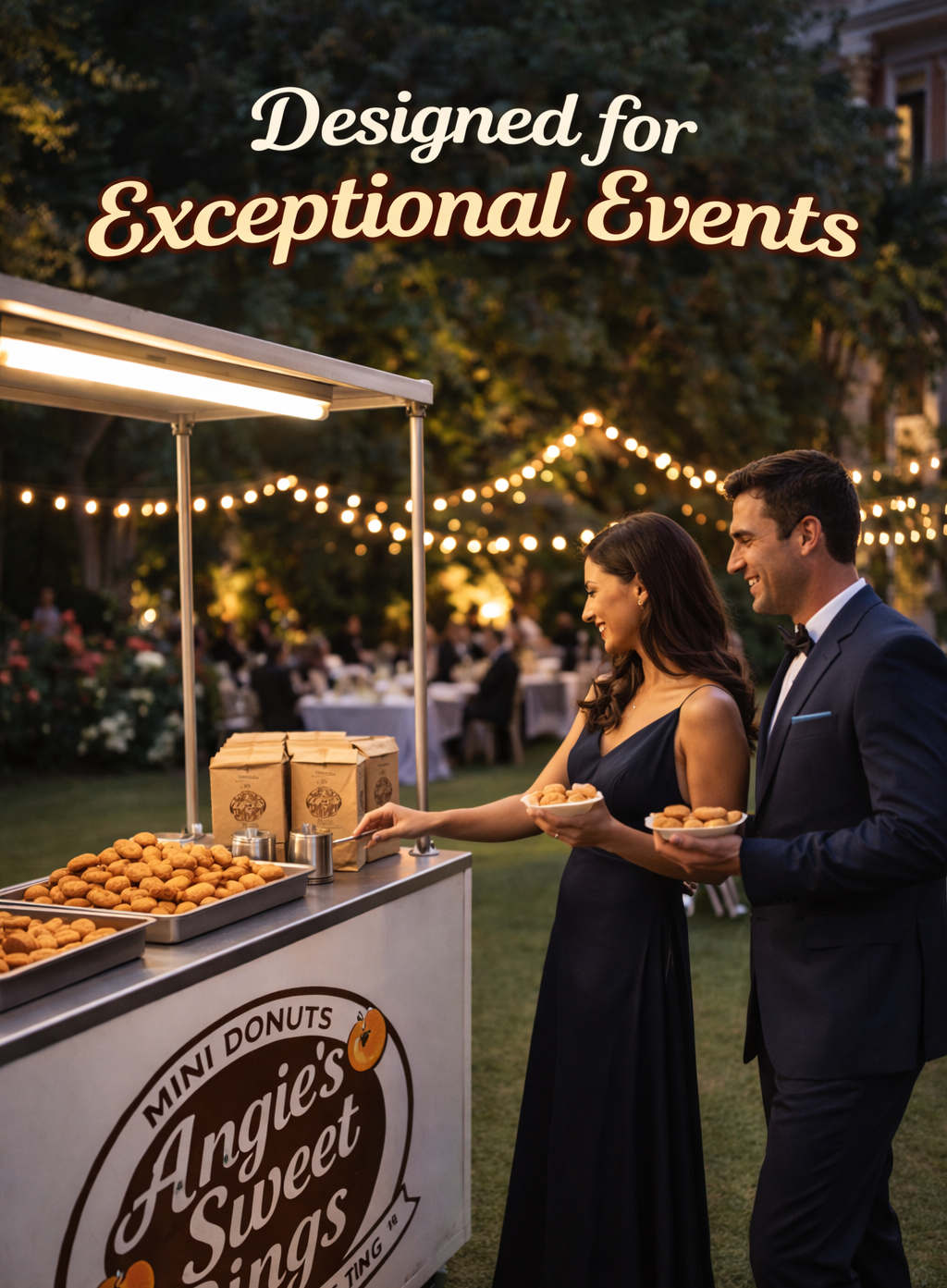 Angie's Sweet Rings Donut cart serving guests at an elegant event with string light strung thoughout.