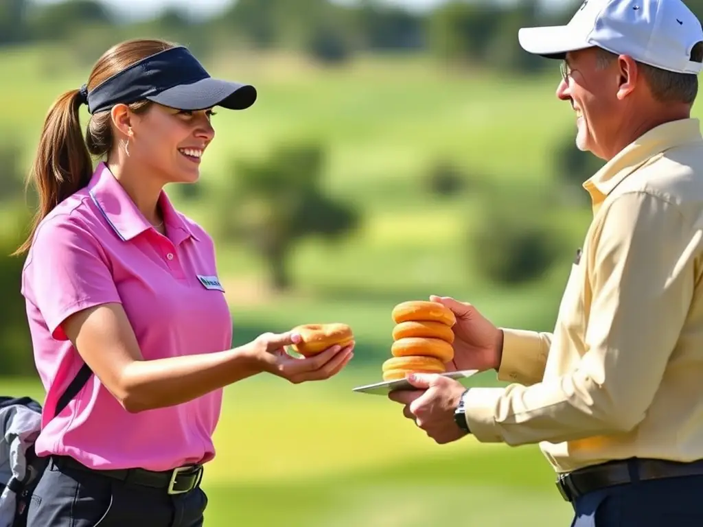 A close-up shot of Angie's Sweet Rings staff member professionally dressed, handing a fresh batch of mini donuts to a golfer with a smile. The focus is on the interaction and the quality of the donuts.