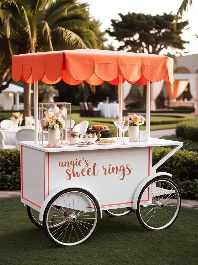 An elegant photo of Angie's Sweet Rings cart set up at a destination wedding, highlighting its clean, modern design and how it complements the upscale venue.