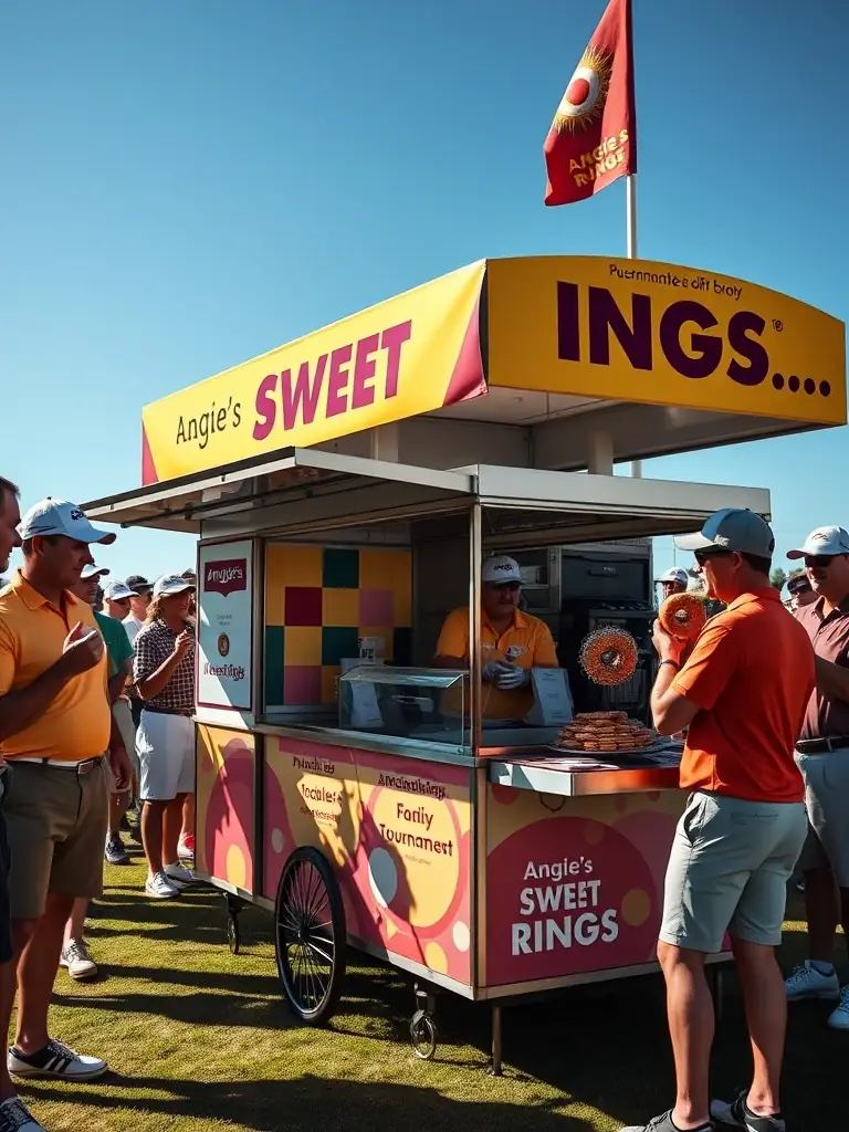 Image of Angie's Sweet Rings cart set up at a golf tournament, with a banner promoting the event and golfers enjoying the donuts between rounds.