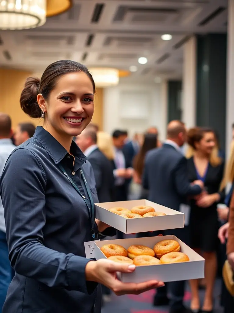 A picture of Angie's Sweet Rings staff professionally serving mini donuts at a corporate event, emphasizing their friendly and efficient service.