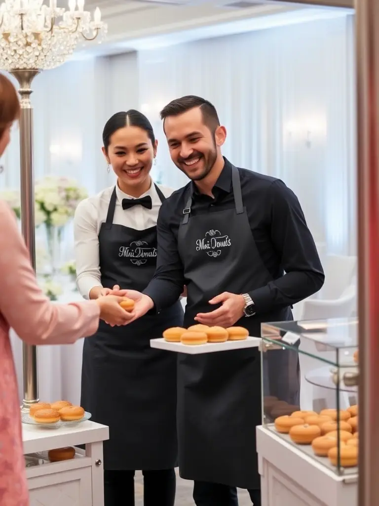 Angie’s Sweet Rings team serving mini donuts at a wedding venue