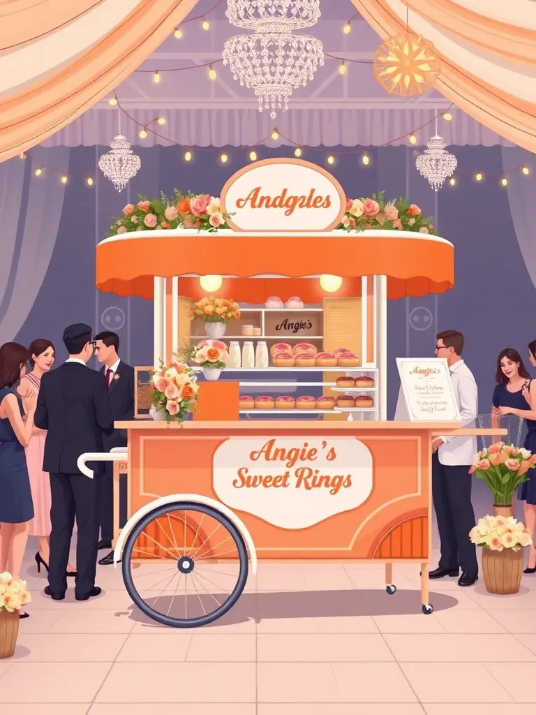 An image showcasing the Angie's Sweet Rings cart set up elegantly at a wedding venue, fitting seamlessly with the decor.