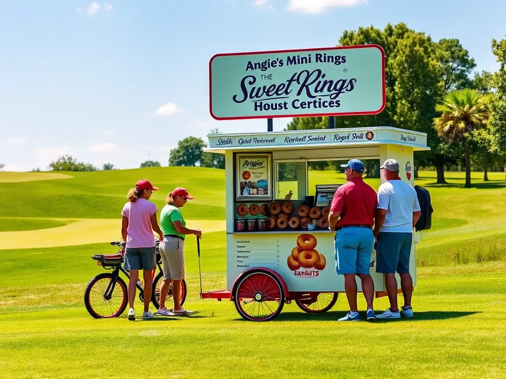 A wide shot of several Angie's Sweet Rings carts strategically placed across different golf courses, each serving golfers. The image emphasizes the consistency and scalability of the service.