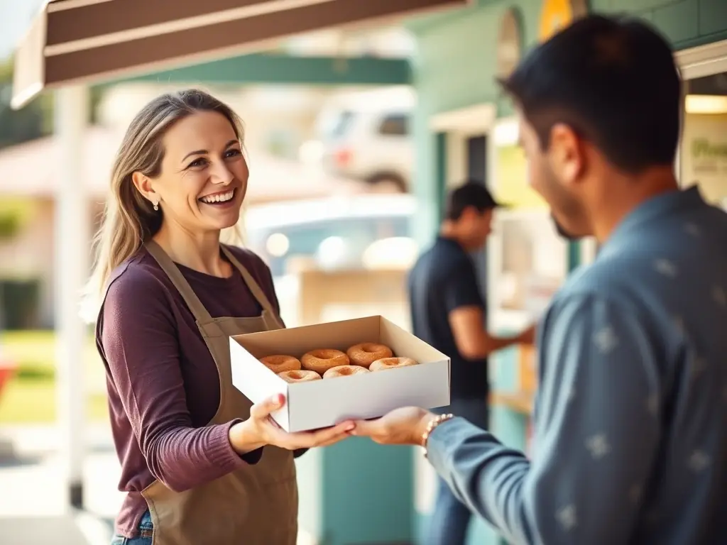 A clean, modern Angie's Sweet Rings cart set up near a golf course's clubhouse, with golfers enjoying fresh mini donuts in the background. The scene is bright and inviting, showcasing the cart's compact design and professional appearance.