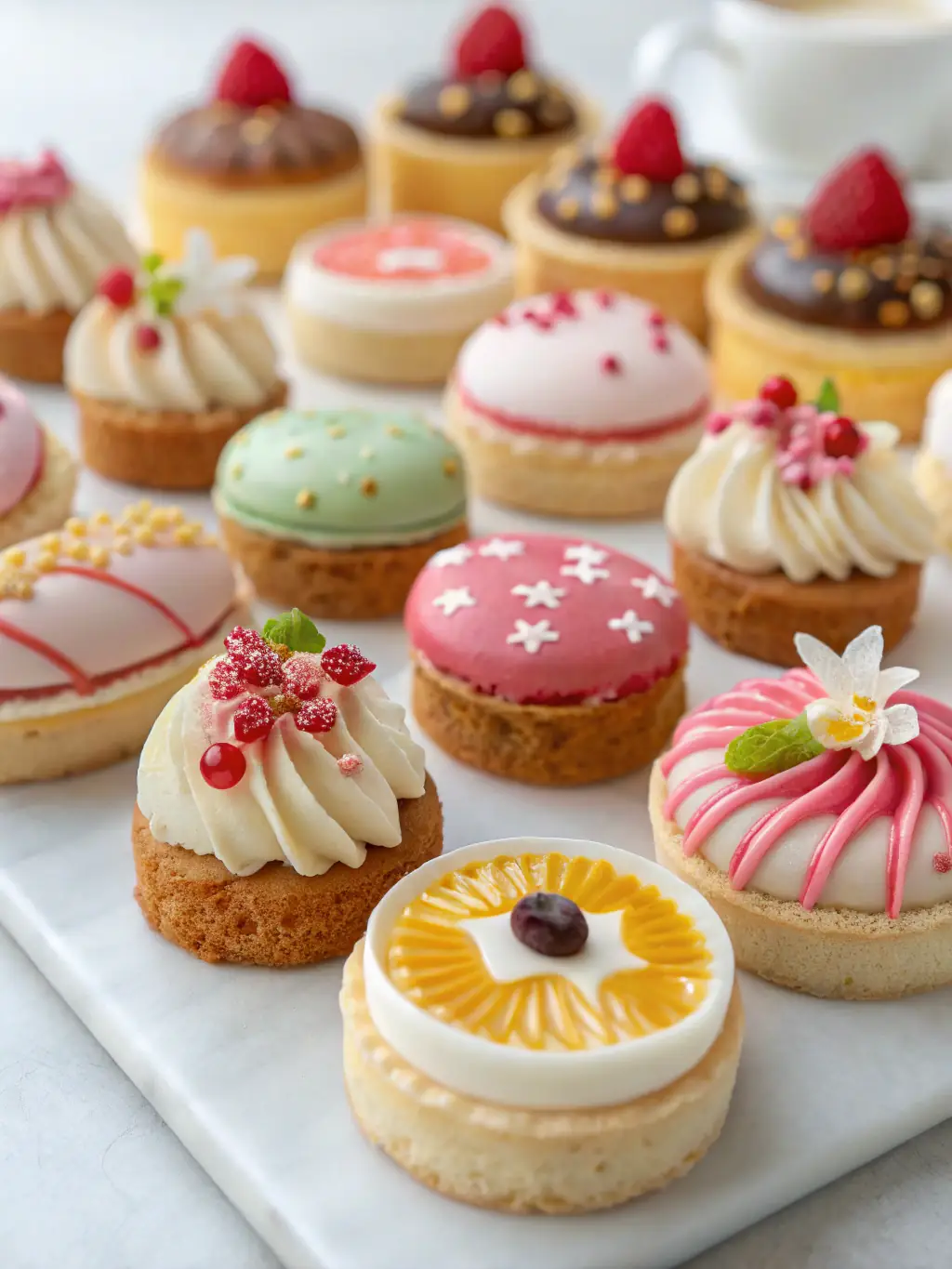 A close-up shot of a variety of mini donut flavors and toppings offered by Angie's Sweet Rings, beautifully arranged.